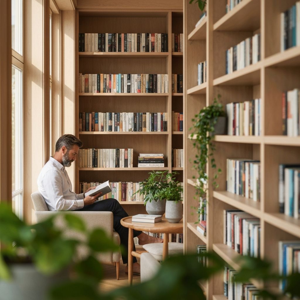 Person reading in luxury library with green plants